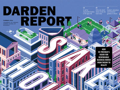 Cover art for darden report with the word stakeholder illustration with people and buildings 